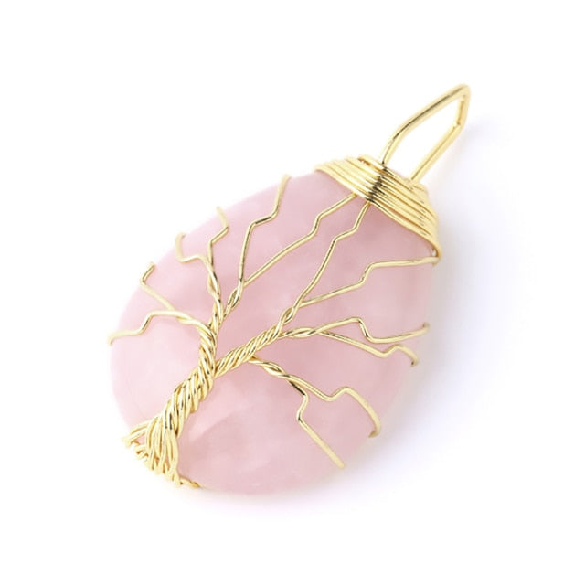 CSJA Tree of Life Crystals Necklace Pendant Water Drop Natural Stone Necklaces Wire Wrap Rose Amethysts Quartz Tiger Eye G953