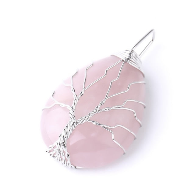 CSJA Tree of Life Crystals Necklace Pendant Water Drop Natural Stone Necklaces Wire Wrap Rose Amethysts Quartz Tiger Eye G953