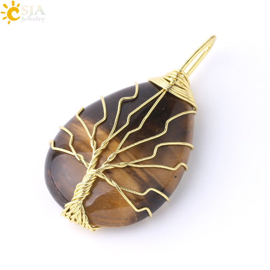 CSJA Tree of Life Crystals Necklace Pendant Water Drop Natural Stone Necklaces Wire Wrap Rose Amethysts Quartz Tiger Eye G953