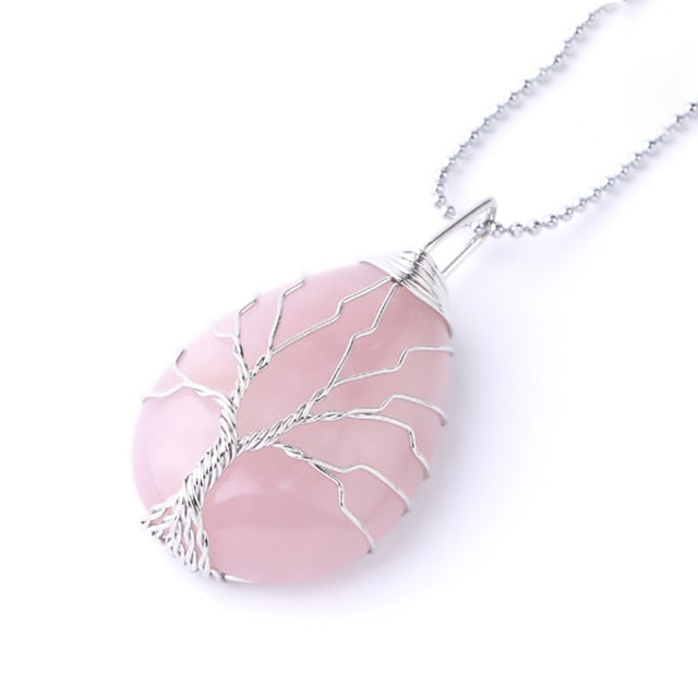 CSJA Tree of Life Crystals Necklace Pendant Water Drop Natural Stone Necklaces Wire Wrap Rose Amethysts Quartz Tiger Eye G953