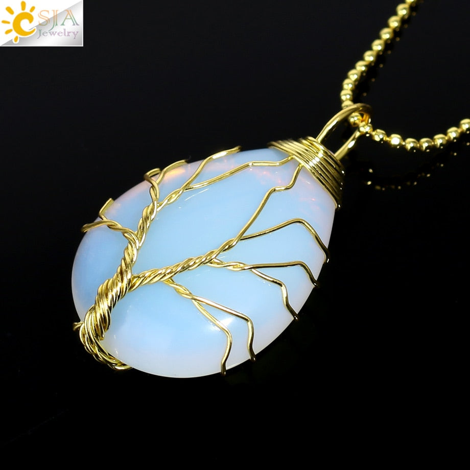 CSJA Tree of Life Crystals Necklace Pendant Water Drop Natural Stone Necklaces Wire Wrap Rose Amethysts Quartz Tiger Eye G953