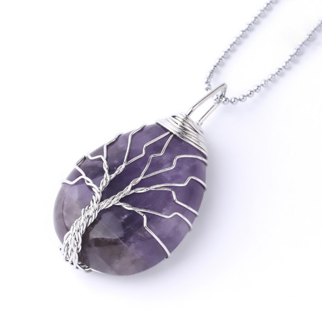 CSJA Tree of Life Crystals Necklace Pendant Water Drop Natural Stone Necklaces Wire Wrap Rose Amethysts Quartz Tiger Eye G953