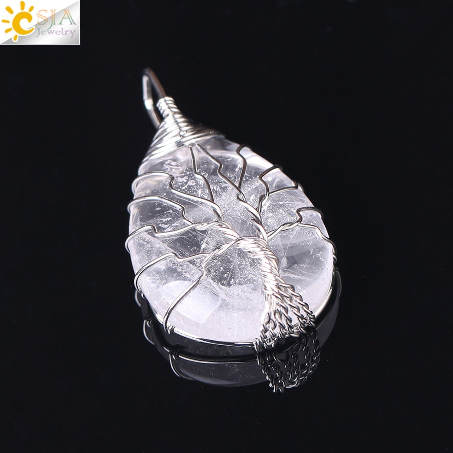 CSJA Tree of Life Crystals Necklace Pendant Water Drop Natural Stone Necklaces Wire Wrap Rose Amethysts Quartz Tiger Eye G953