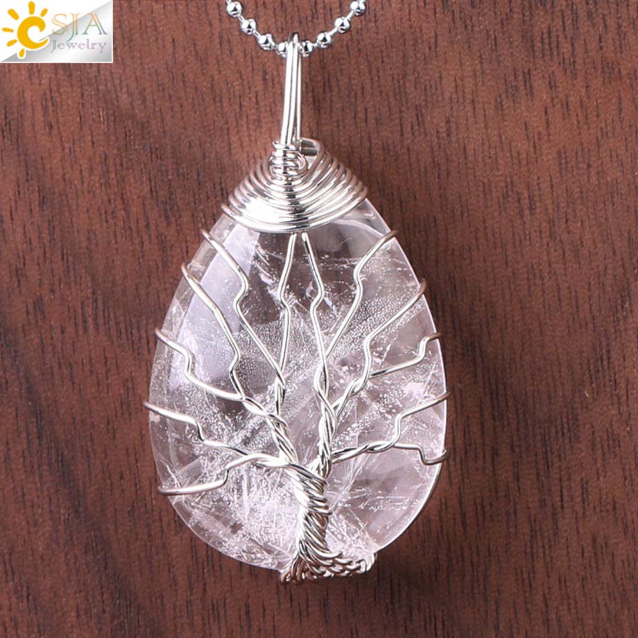 CSJA Tree of Life Crystals Necklace Pendant Water Drop Natural Stone Necklaces Wire Wrap Rose Amethysts Quartz Tiger Eye G953