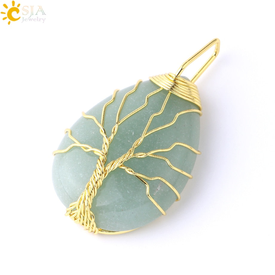 CSJA Tree of Life Crystals Necklace Pendant Water Drop Natural Stone Necklaces Wire Wrap Rose Amethysts Quartz Tiger Eye G953