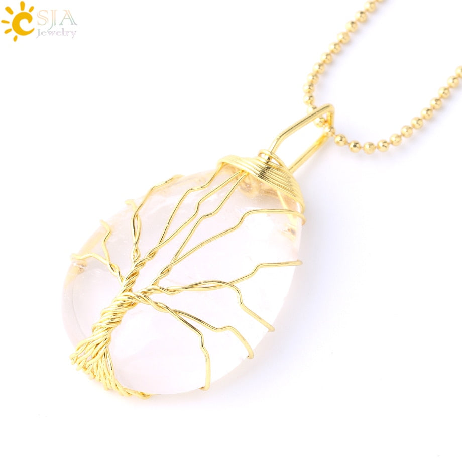 CSJA Tree of Life Crystals Necklace Pendant Water Drop Natural Stone Necklaces Wire Wrap Rose Amethysts Quartz Tiger Eye G953