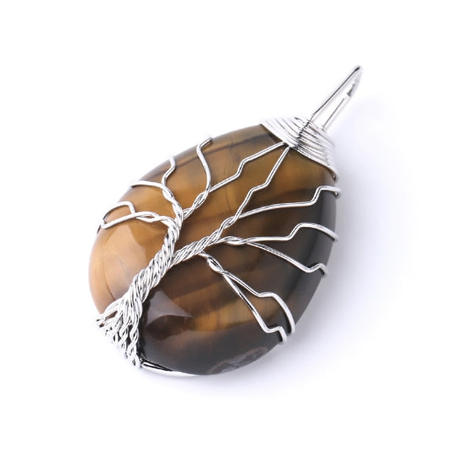 CSJA Tree of Life Crystals Necklace Pendant Water Drop Natural Stone Necklaces Wire Wrap Rose Amethysts Quartz Tiger Eye G953