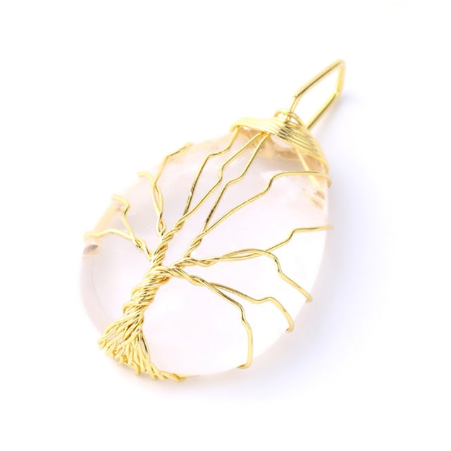 CSJA Tree of Life Crystals Necklace Pendant Water Drop Natural Stone Necklaces Wire Wrap Rose Amethysts Quartz Tiger Eye G953