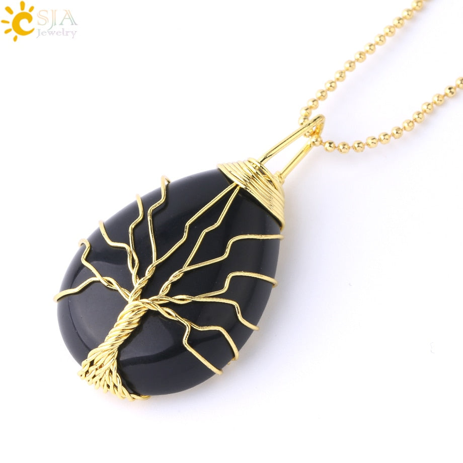 CSJA Tree of Life Crystals Necklace Pendant Water Drop Natural Stone Necklaces Wire Wrap Rose Amethysts Quartz Tiger Eye G953