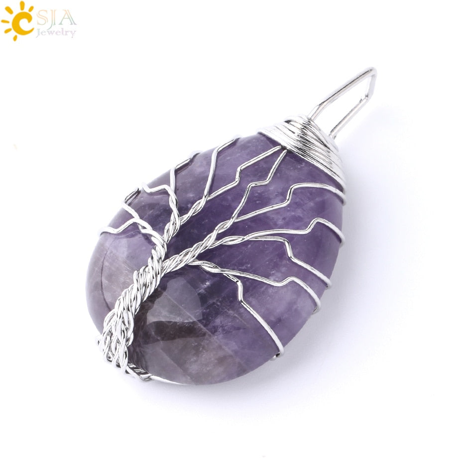 CSJA Tree of Life Crystals Necklace Pendant Water Drop Natural Stone Necklaces Wire Wrap Rose Amethysts Quartz Tiger Eye G953