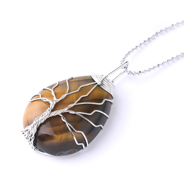 CSJA Tree of Life Crystals Necklace Pendant Water Drop Natural Stone Necklaces Wire Wrap Rose Amethysts Quartz Tiger Eye G953