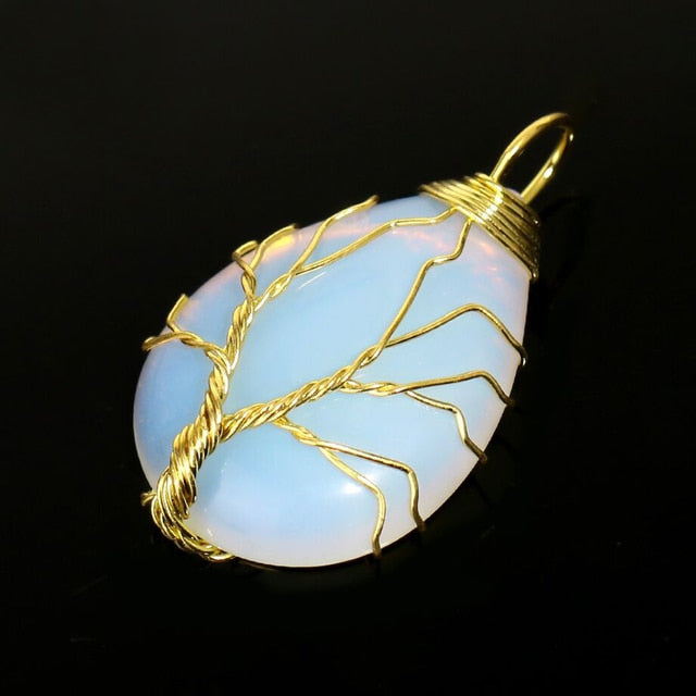 CSJA Tree of Life Crystals Necklace Pendant Water Drop Natural Stone Necklaces Wire Wrap Rose Amethysts Quartz Tiger Eye G953
