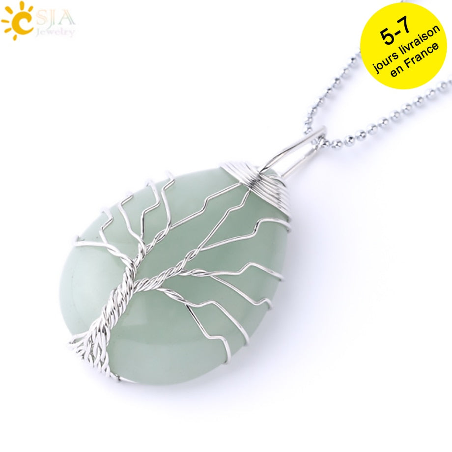 CSJA Tree of Life Crystals Necklace Pendant Water Drop Natural Stone Necklaces Wire Wrap Rose Amethysts Quartz Tiger Eye G953