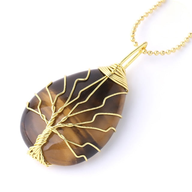 CSJA Tree of Life Crystals Necklace Pendant Water Drop Natural Stone Necklaces Wire Wrap Rose Amethysts Quartz Tiger Eye G953