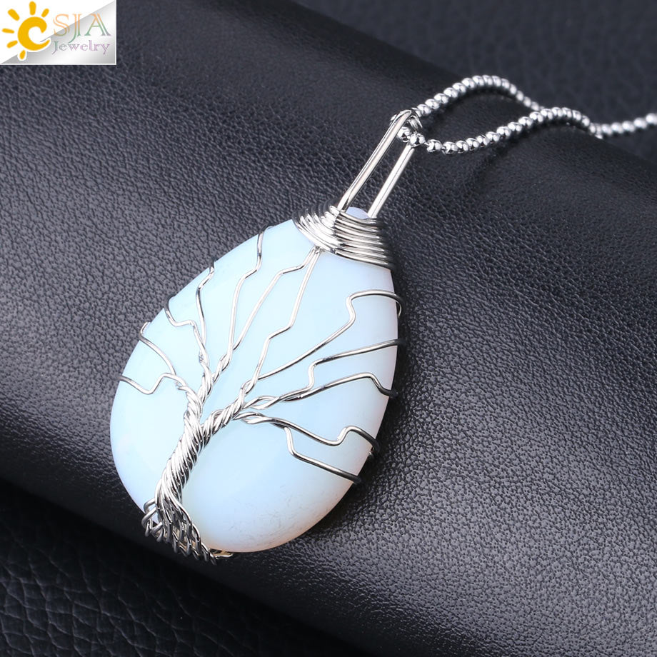 CSJA Tree of Life Crystals Necklace Pendant Water Drop Natural Stone Necklaces Wire Wrap Rose Amethysts Quartz Tiger Eye G953