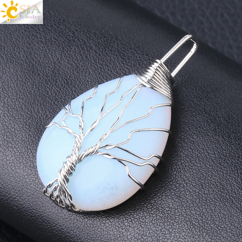 CSJA Tree of Life Crystals Necklace Pendant Water Drop Natural Stone Necklaces Wire Wrap Rose Amethysts Quartz Tiger Eye G953