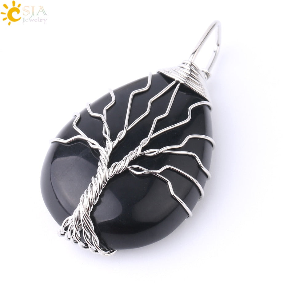 CSJA Tree of Life Crystals Necklace Pendant Water Drop Natural Stone Necklaces Wire Wrap Rose Amethysts Quartz Tiger Eye G953