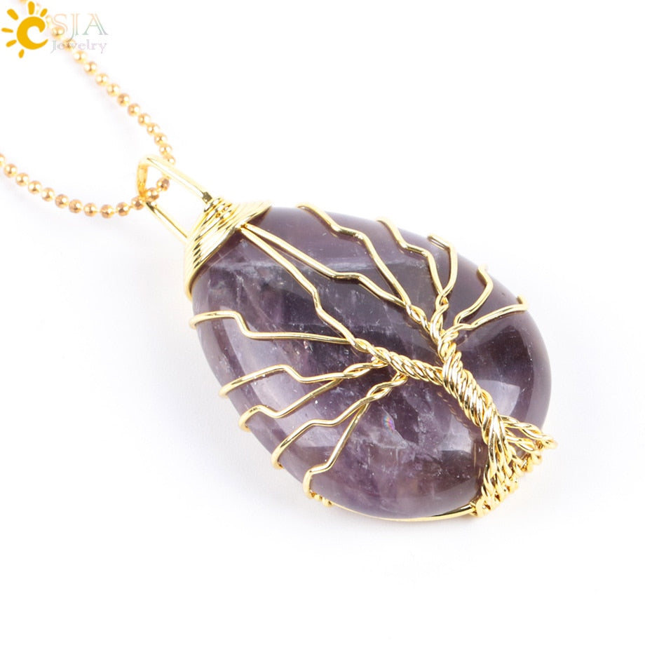 CSJA Tree of Life Crystals Necklace Pendant Water Drop Natural Stone Necklaces Wire Wrap Rose Amethysts Quartz Tiger Eye G953