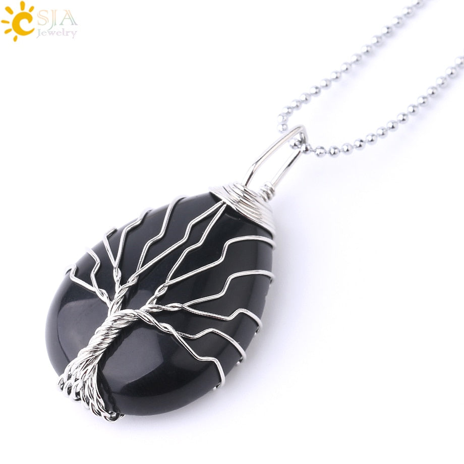 CSJA Tree of Life Crystals Necklace Pendant Water Drop Natural Stone Necklaces Wire Wrap Rose Amethysts Quartz Tiger Eye G953