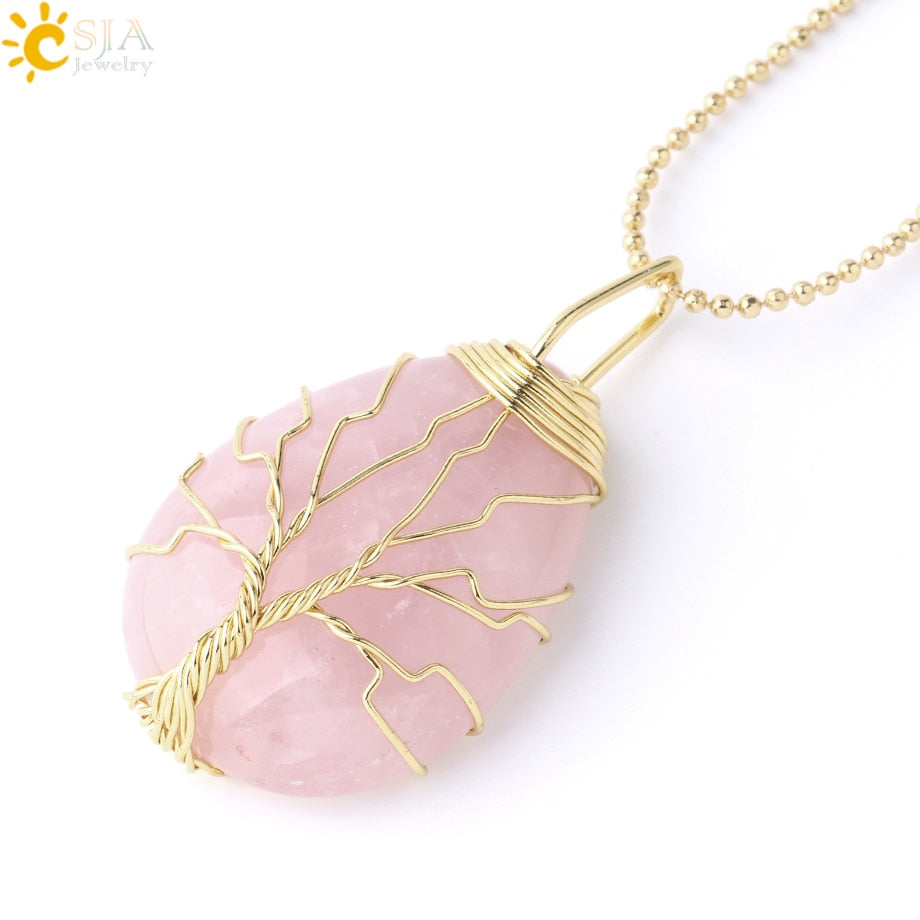 CSJA Tree of Life Crystals Necklace Pendant Water Drop Natural Stone Necklaces Wire Wrap Rose Amethysts Quartz Tiger Eye G953