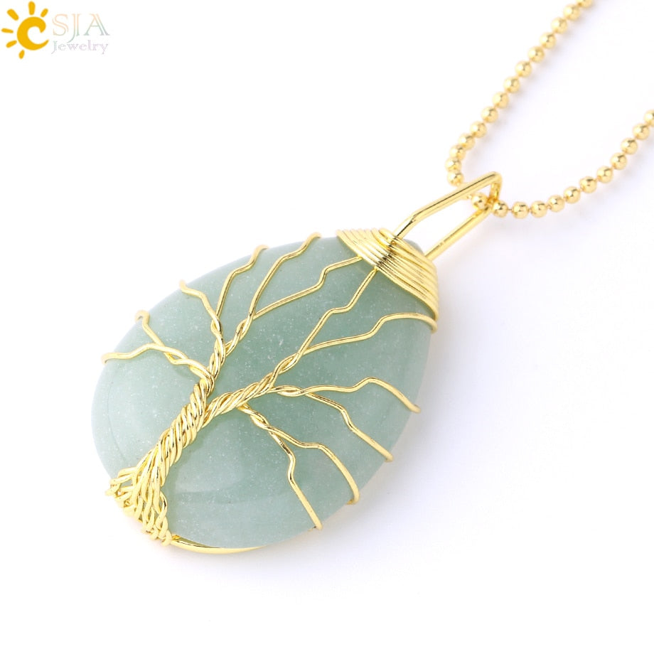 CSJA Tree of Life Crystals Necklace Pendant Water Drop Natural Stone Necklaces Wire Wrap Rose Amethysts Quartz Tiger Eye G953