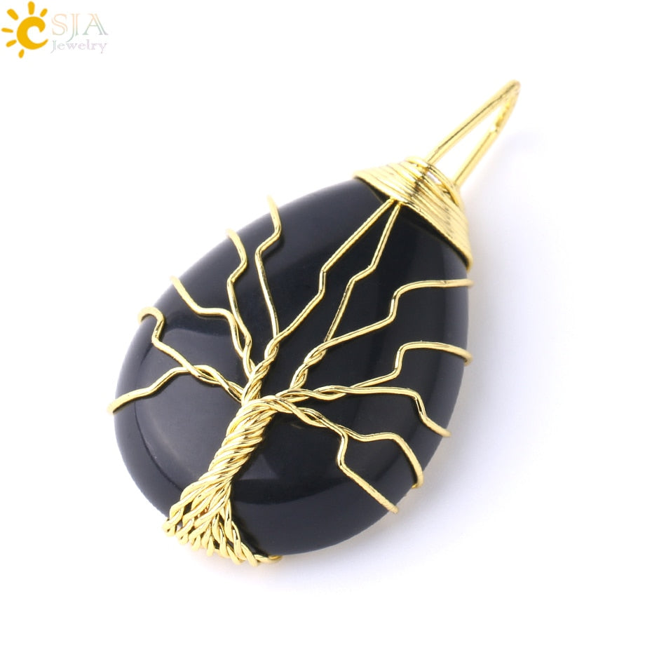 CSJA Tree of Life Crystals Necklace Pendant Water Drop Natural Stone Necklaces Wire Wrap Rose Amethysts Quartz Tiger Eye G953