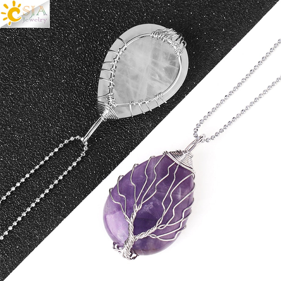 CSJA Tree of Life Crystals Necklace Pendant Water Drop Natural Stone Necklaces Wire Wrap Rose Amethysts Quartz Tiger Eye G953