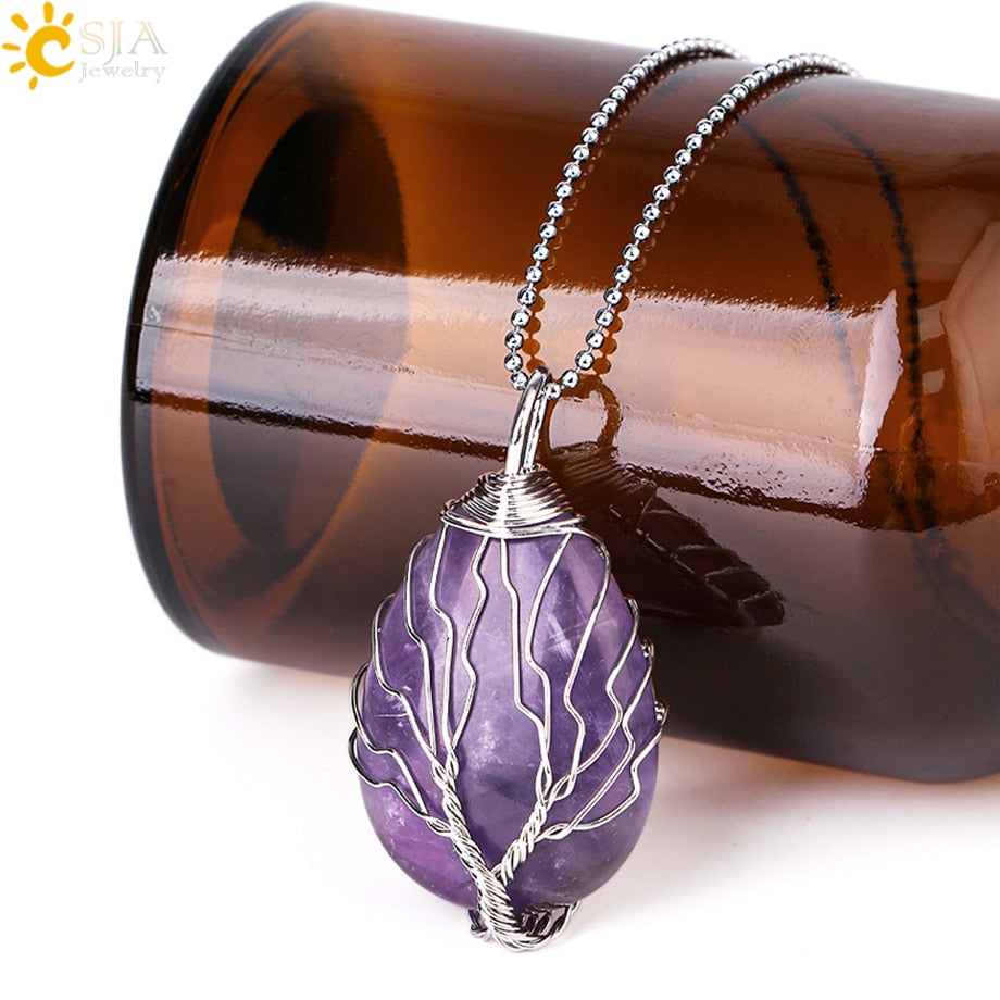 CSJA Tree of Life Crystals Necklace Pendant Water Drop Natural Stone Necklaces Wire Wrap Rose Amethysts Quartz Tiger Eye G953