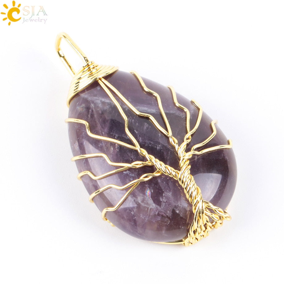 CSJA Tree of Life Crystals Necklace Pendant Water Drop Natural Stone Necklaces Wire Wrap Rose Amethysts Quartz Tiger Eye G953